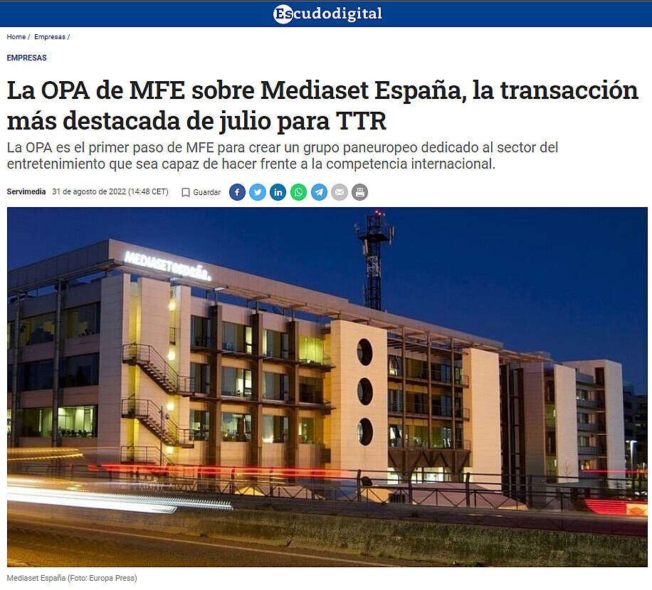 La OPA de MFE sobre Mediaset Espaa, la transaccin ms destacada de julio para TTR